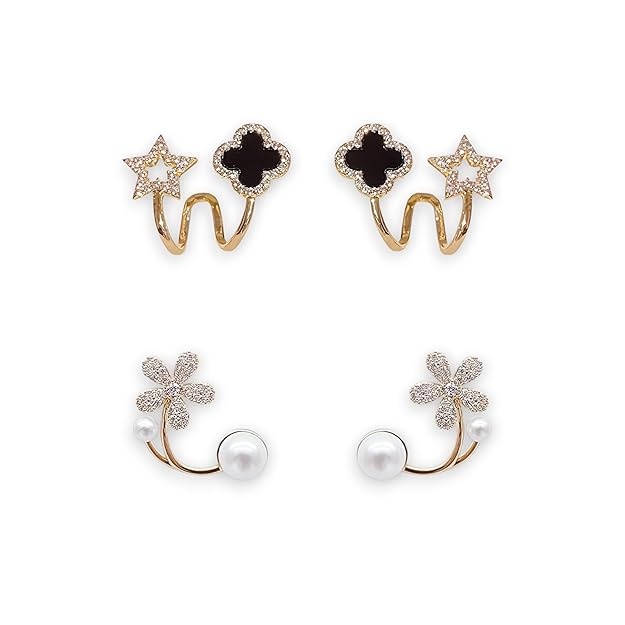 Nextcart 2 Pairs Combo – Crystal Clover Twist Stud & White Pearl Drop Flower Gold Plated Korean Earrings Set