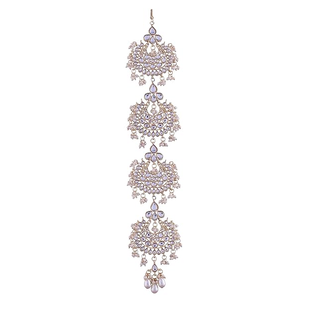  I Jewels Gold Plated Traditional Handcrafted white Kundan and Pearl Studded Paranda / Hair Braid Pin Choti