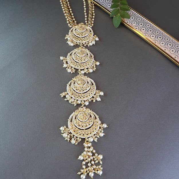 I Jewels Gold Plated Traditional Handcrafted white Kundan and Pearl Studded Paranda Hair Pin Choti