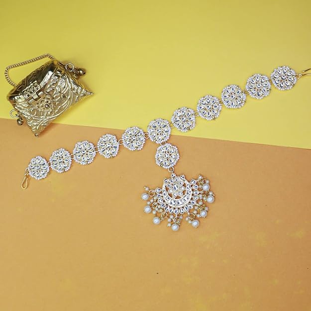 I Jewels Traditional Floral Kundan Pearl Studded Rajasthani Sheesh phool/Sheeshpatti for Women