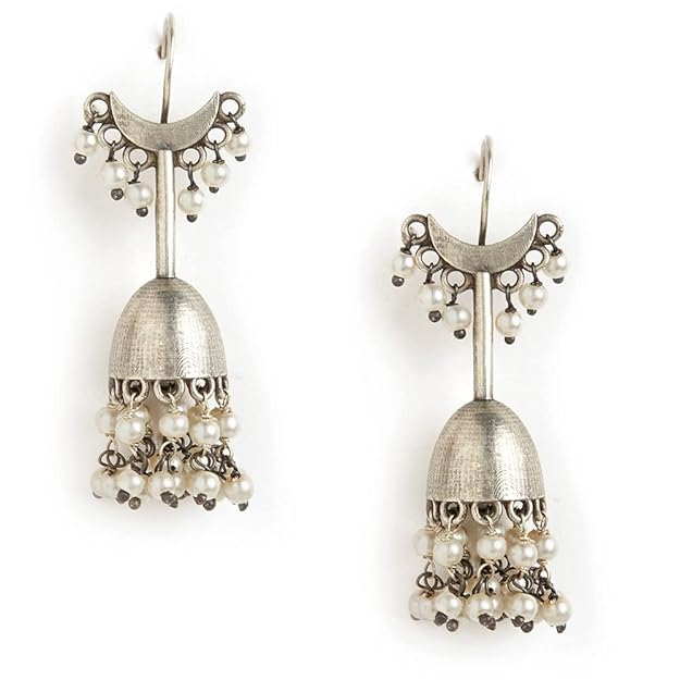 Binni s Wardrobe Silver Toned Contemporary Jhumka Earrings 