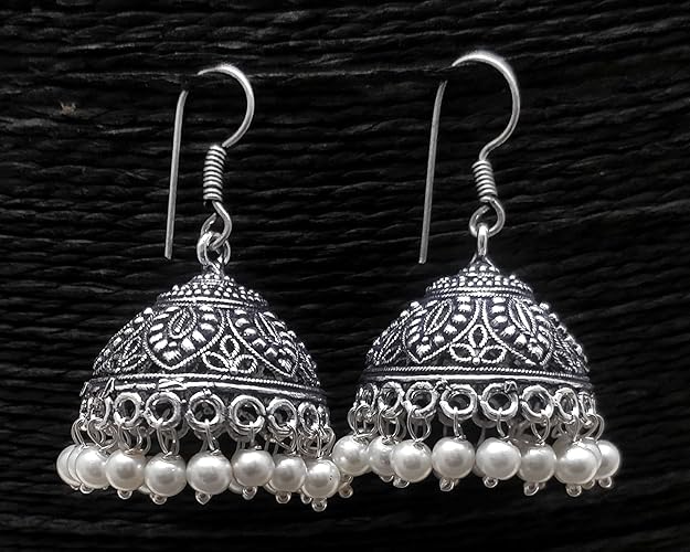 Jewelopia Oxidised Silver Jhumki Earrings 