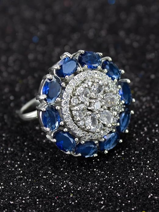PRIVIU Blue Sapphire & American Diamond Adjustable Ring