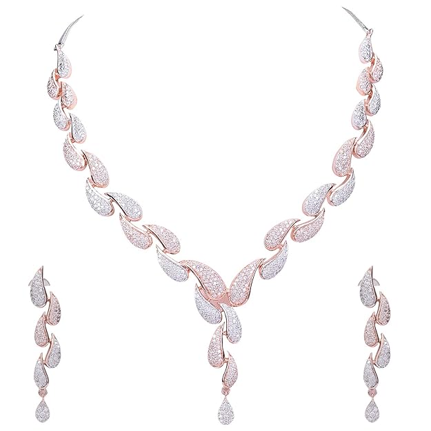 Ratnavali Jewels American Diamond CZ Rose Gold Plated Necklace Set 