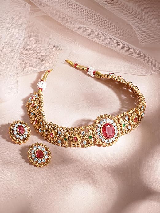 Rubans 24K Gold Plated Handcrafted Cubic Zirconia Studded Choker Jewellery Set for Women and Girls