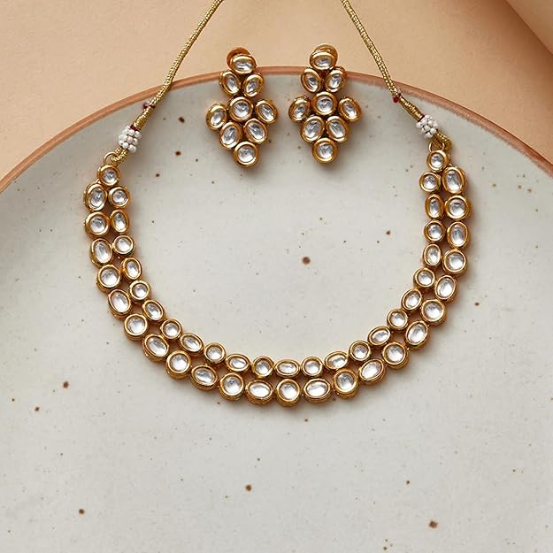 VOYLLA Dual Layer Kundan Studded Necklace Set