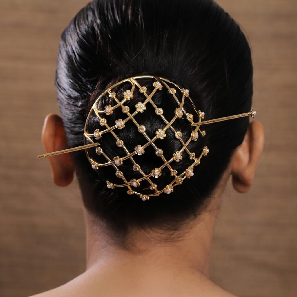 Viana Jewels Decorative Hair Bun with Pearl Flower, Gold Toned, Traditional Hair accessories