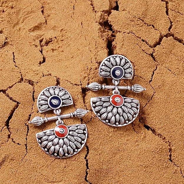Voylla Brass Silver Oxidised Mandala Design Drop Earrings – Women & Girls