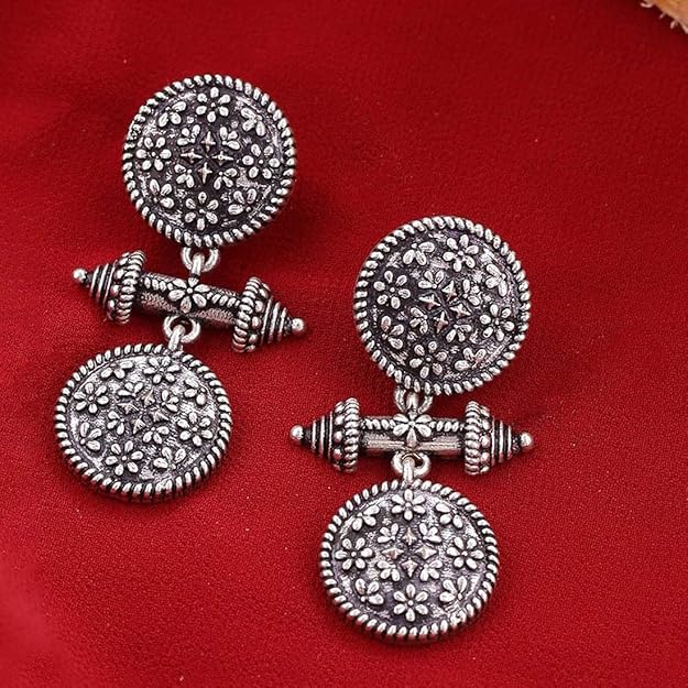 Voylla Traditional Oxidised Silver Plating Brass Oxidised Round Boho Style Dangle Earrings