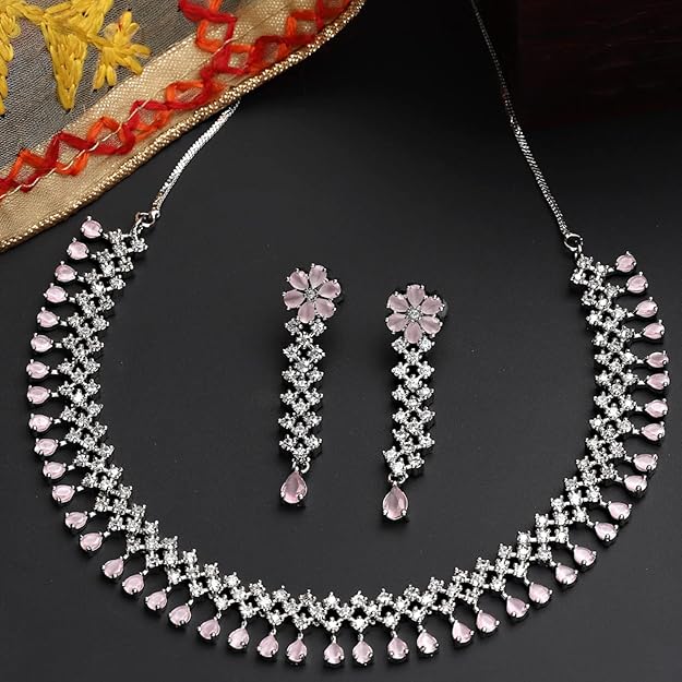 ZENEME Rhodium Plated AD Necklace Set