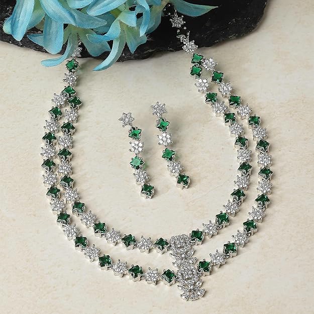 ZENEME Rhodium-Plated American Diamond Studded Star Shaped Layered Necklace With Earrings Jewellery Set