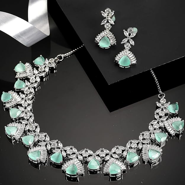 ZENEME Rhodium Plated Contemporary Design AD Necklace Set