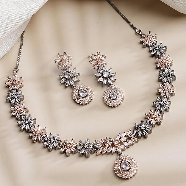 ZENEME Rhodium-Plated with Silver-Toned Floral Design White American Diamond Studded Jewellery Set, 