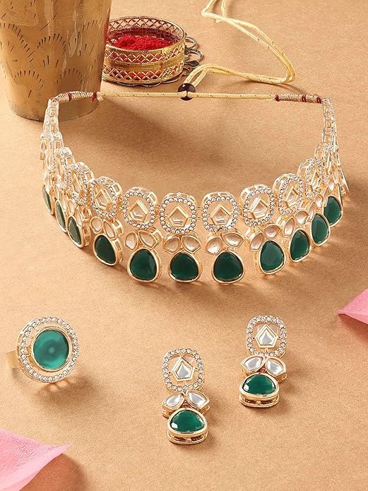 Zaveri Pearls Green Kundan Stones & Austrian Diamonds Necklace, Earring & Ring Set for Women 