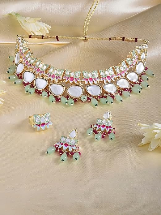 Zaveri Pearls Green & Pink Meenakari Lotus Kundan Necklace, Earring & Ring Set for Women