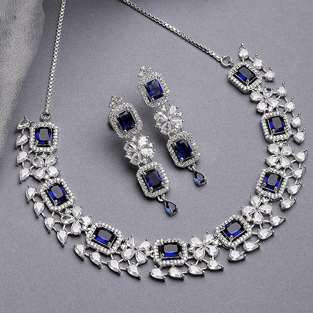 Zeneme Rhodium-Plated With Silver-Toned Blue And White AD Necklace Set