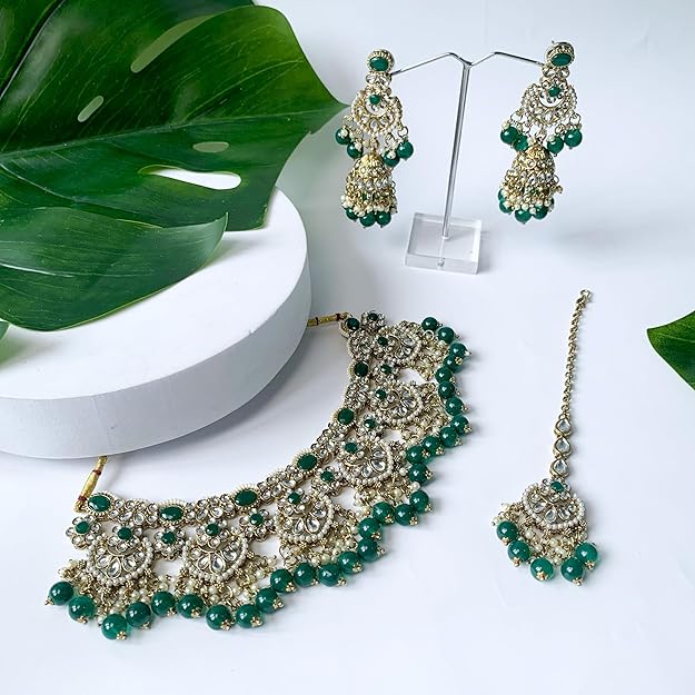 I Jewels Gold Plated Traditional Handcrafted Kundan Green Pearl Choker Necklace Set