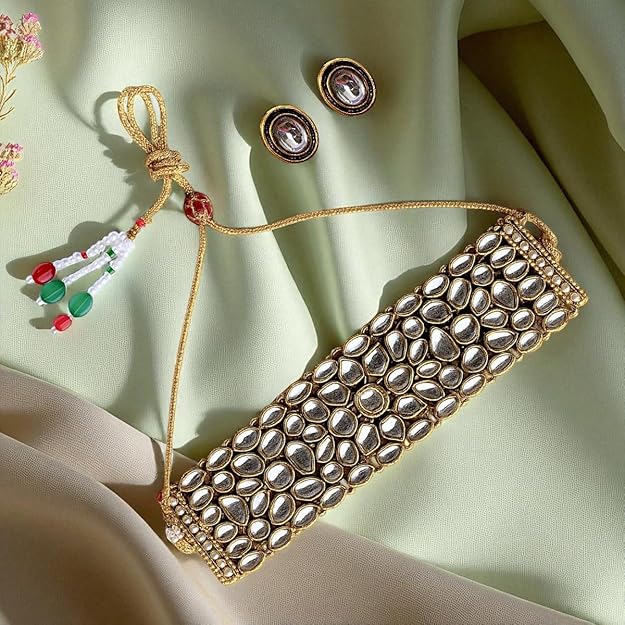 ACCESSHER Gold-Plated Kundan Bridal Choker Necklace Set with Earrings