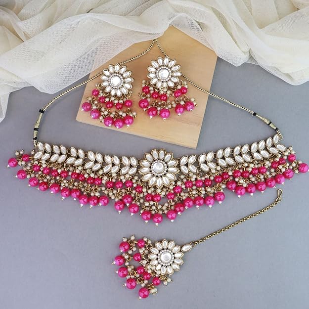 I Jewels 18K Gold Plated Traditional Handcrafted Kundan Pearl Choker Necklace Set