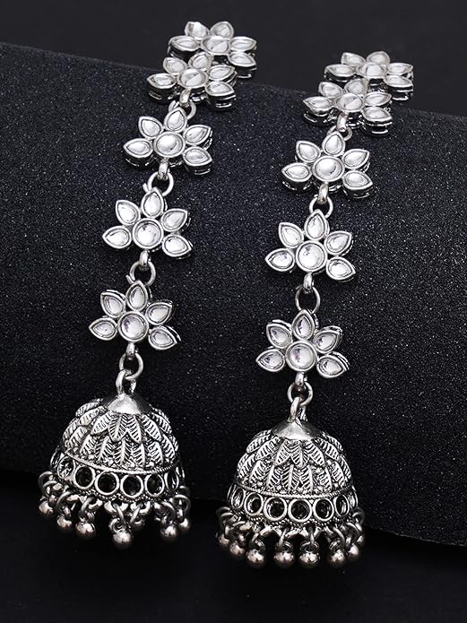 Karatcart Women Oxidised Silver Kundan And Silver Balls Studded Jhumki Earrings 