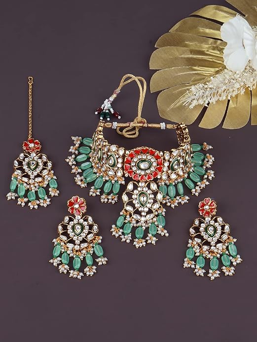 Matushri Art Traditional Ruby Red & White Gold Plated Choker Necklace Set