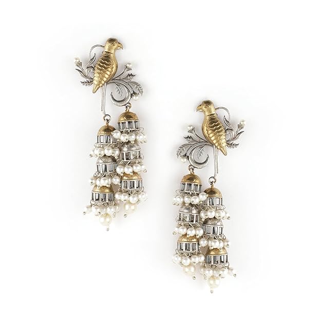 Rubans Silver & Gold Dual-Plated Oxidised Long Tree Motif Engraved Dome Jhumka Earrings for Women