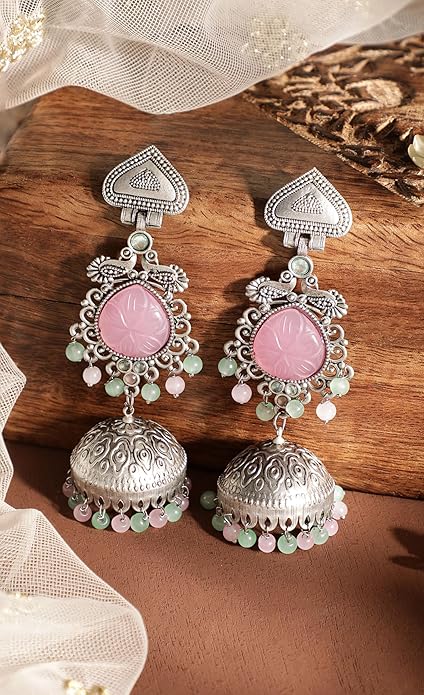 Rubans Silver Plated Oxidised Jhumka Earrings 