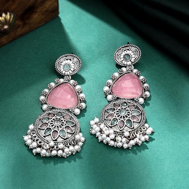 Yellow Chimes Oxidised Silver Plated Pink Stone Studded Long Dangler Earrings