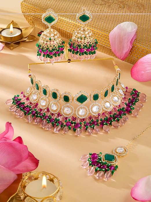 ZAVERI PEARLS Pink Green Stones Beads Austrian Diamonds Choker Necklace Earring & Maangtikka Set For Women