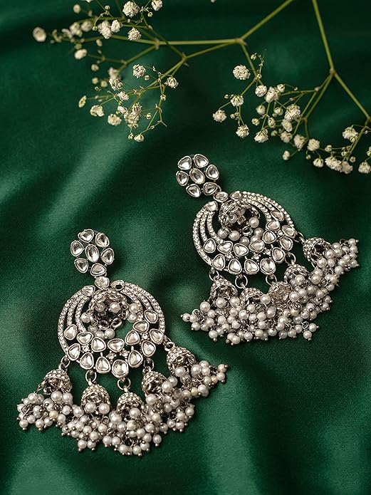 Zaveri Pearls Antique Silver Tone Kundan & Austrian Diamonds Jhumki Drops Earrings