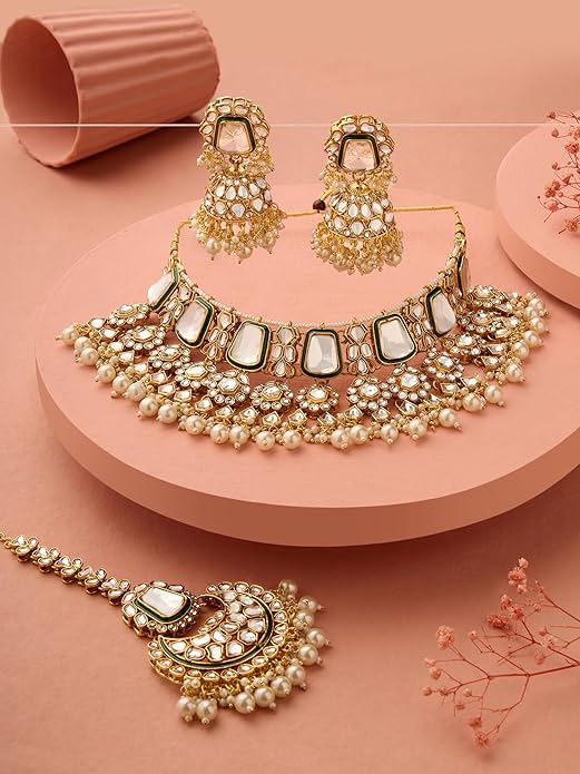 Zaveri Pearls Green Meenakari Kundan Bridal Choker Necklace Set