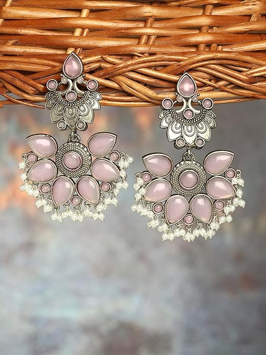 Zaveri Pearls Pink Silver Oxidised Stone & Beads Traditional Dangle Earrings for Women