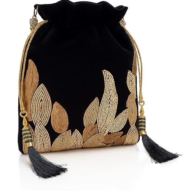Amerie Velvet Embroidered Potli Bag with Beaded Handle & Elegant Latkan Designer Potli Purse for Women
