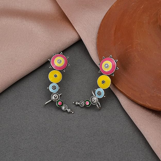 Voylla Folklore Enamelled Multicolored Silver Toned Cuff Earrings