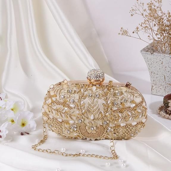 SWISNI Golden Elegant Handmade Embroidery Clutch Bag for Women